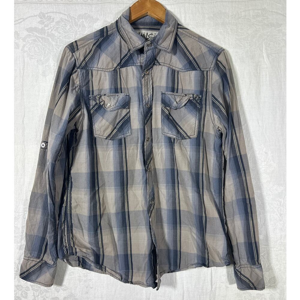 Chalc Pearl Snap Shirt Medium Gray Brown Plaid Roll Tab Sleeve Western Rodeo